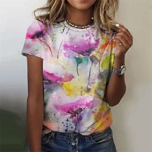 Women's T-Shirts Summer Fashion 3d Flowers Print Short Sleeve Top Female Clothing O Neck Oversized Tees Harajuku T Shirts Woman